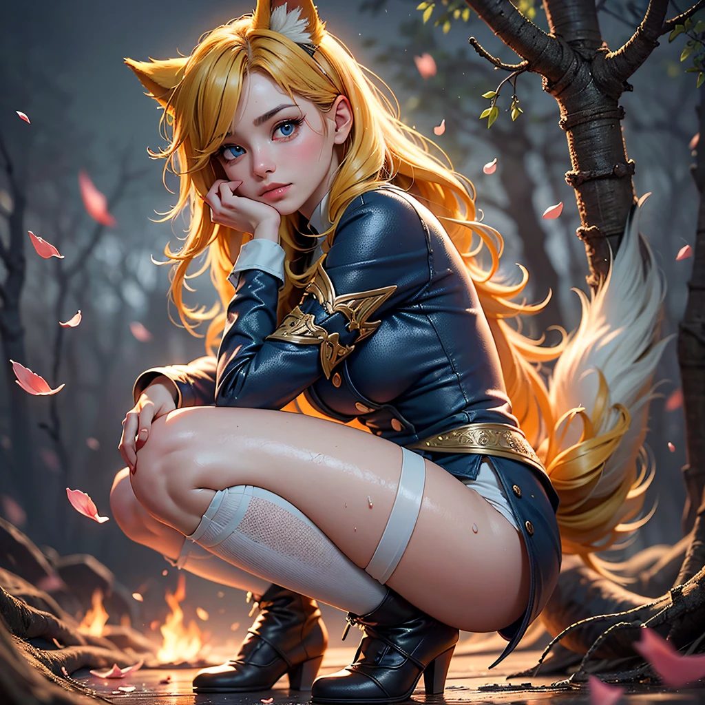 Cute ginger Ahri, blue eyes, yellow hair strokes, (thigh highs 1.5), squatting in the rain of fire, burning sakura petals, warm vibrant pastel colors, magical wood atmosphere, cinematic, muted colors, film grainy, lut, insane details, intricate details, hyperdetailed, closeup, twilightart, (intricate details 1.5), 8k, by LightBoxLightbox, 2.5D Parallax Effect, backlight, wet reflections, chromatic aberration,  multiple lighting sources, luminism, spectacular backlight, volumetric ambient occlusion, best lighting, best light play, light bounce, wet  light reflections