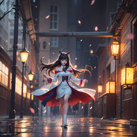 cute ahri, dancing in the rain of fire, burning sakura petals, warm vibrant pastel colors, magical wood atmosphere, cinematic, m...