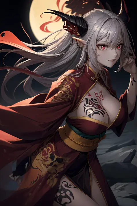 A masterpie、best qualiy、chinese fairy、1girls\(Lori\)and Iris Red Dragon:15,((Chinese dragon glaring at girl)),Solid dark gray background,Red Moon,Magnificent cityscape, A masterpie, best qualiy, hig quality,(Has a dark red glow and red eyes、Dark shapeless ...