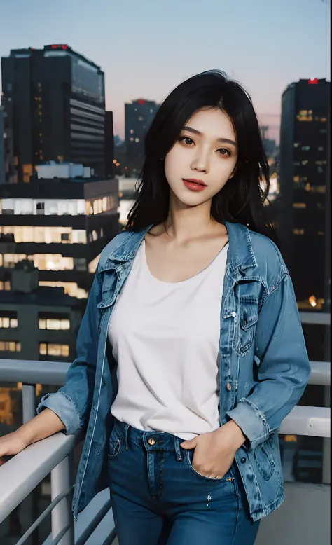1girl, stylish outfit, fitted jeans, oversized jacket, fashionable accessories, (realistic detailed eyes, natural skin texture, confident expression), cityscape backdrop, rooftop or high-rise balcony, dynamic composition, engaging pose, soft yet striking l...