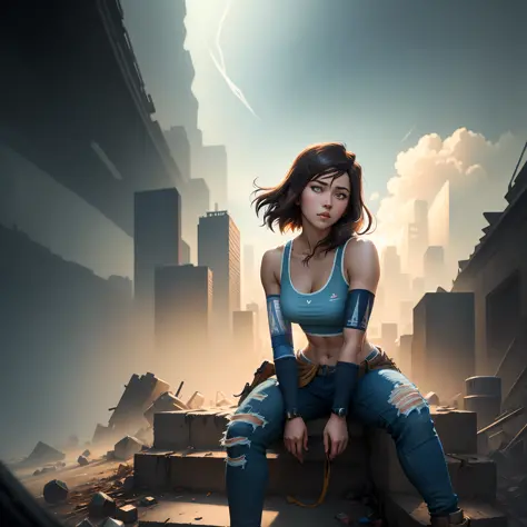 Korra, sitting on some stairs, ripped jeans, tank top, ((pulls up her shirt)) , slightly muscular, Beautiful anime waifu style g...