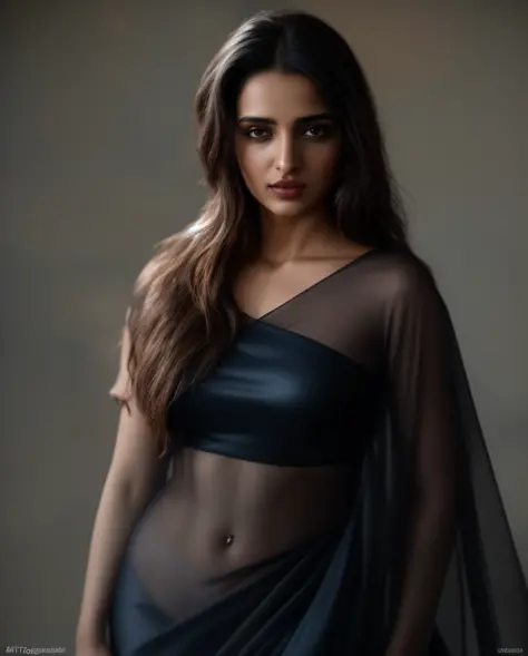 fair light skinned indian supermodel, nehasharma, hot in black transparent silk sari posing for the camera, with a seductive smi...