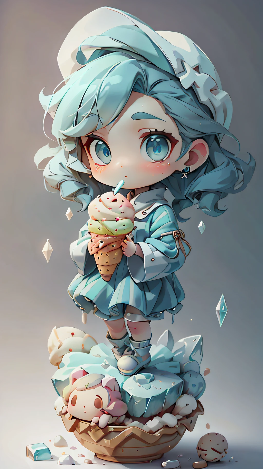 plastican00d， 1girls， Chibi T-Shi， Blue hair， Luxury fabrics， dithering， Ice cream texture，Profound， looks at the viewer， Striped background