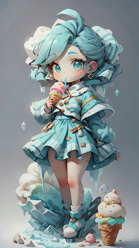 plastican00d， 1girls， Chibi T-Shi， Blue hair， Luxury fabrics， dithering， Ice cream texture，Profound， looks at the viewer， Striped background