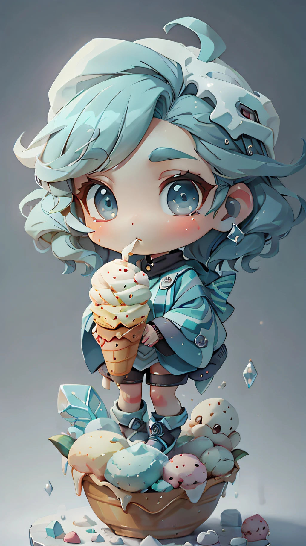 plastican00d， 1girls， Chibi T-Shi， Blue hair， Luxury fabrics， dithering， Ice cream texture，Profound， looks at the viewer， Striped background