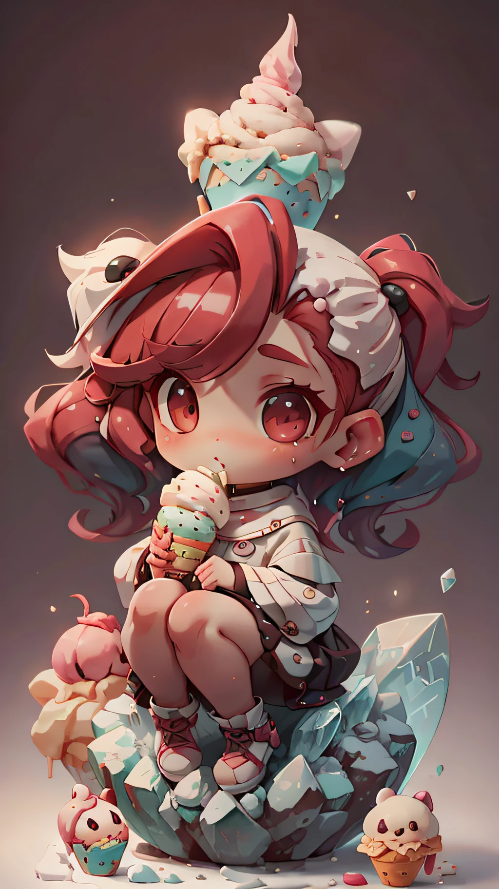 plastican00d， 1girls， Chibi T-Shi， red tinted hair， Luxury fabrics， dithering， Ice cream texture，Profound， looks at the viewer， Striped background