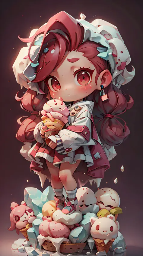 plastican00d， 1girls， Chibi T-Shi， red tinted hair， Luxury fabrics， dithering， Ice cream texture，Profound， looks at the viewer， Striped background