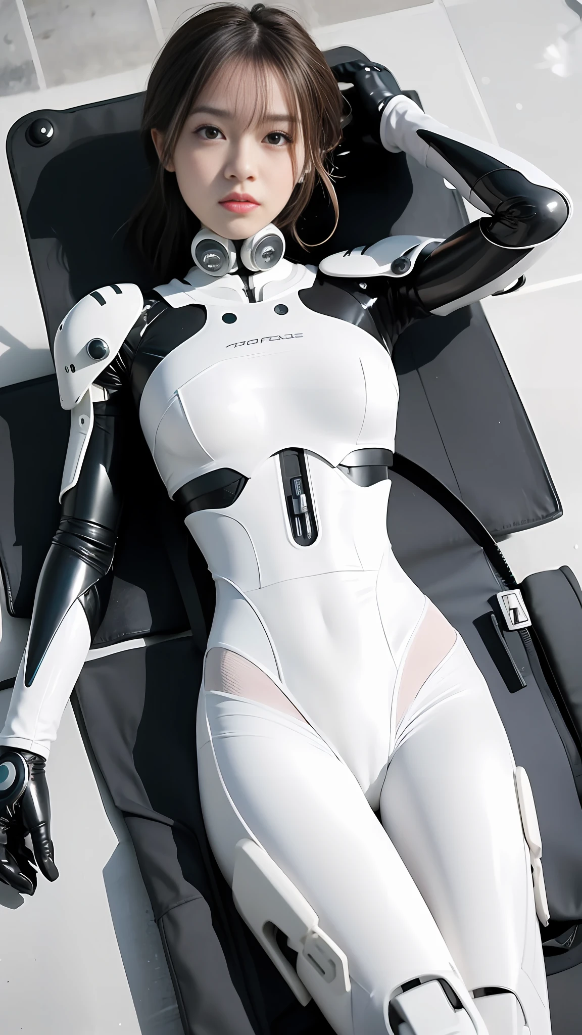 Арафированная женщина в белом костюме лежит на черно-белом полу, тело  гиноидного киборга, идеальная девушка-андроид, красивая белая девушка-киборг,  гиноидное тело - SeaArt AI