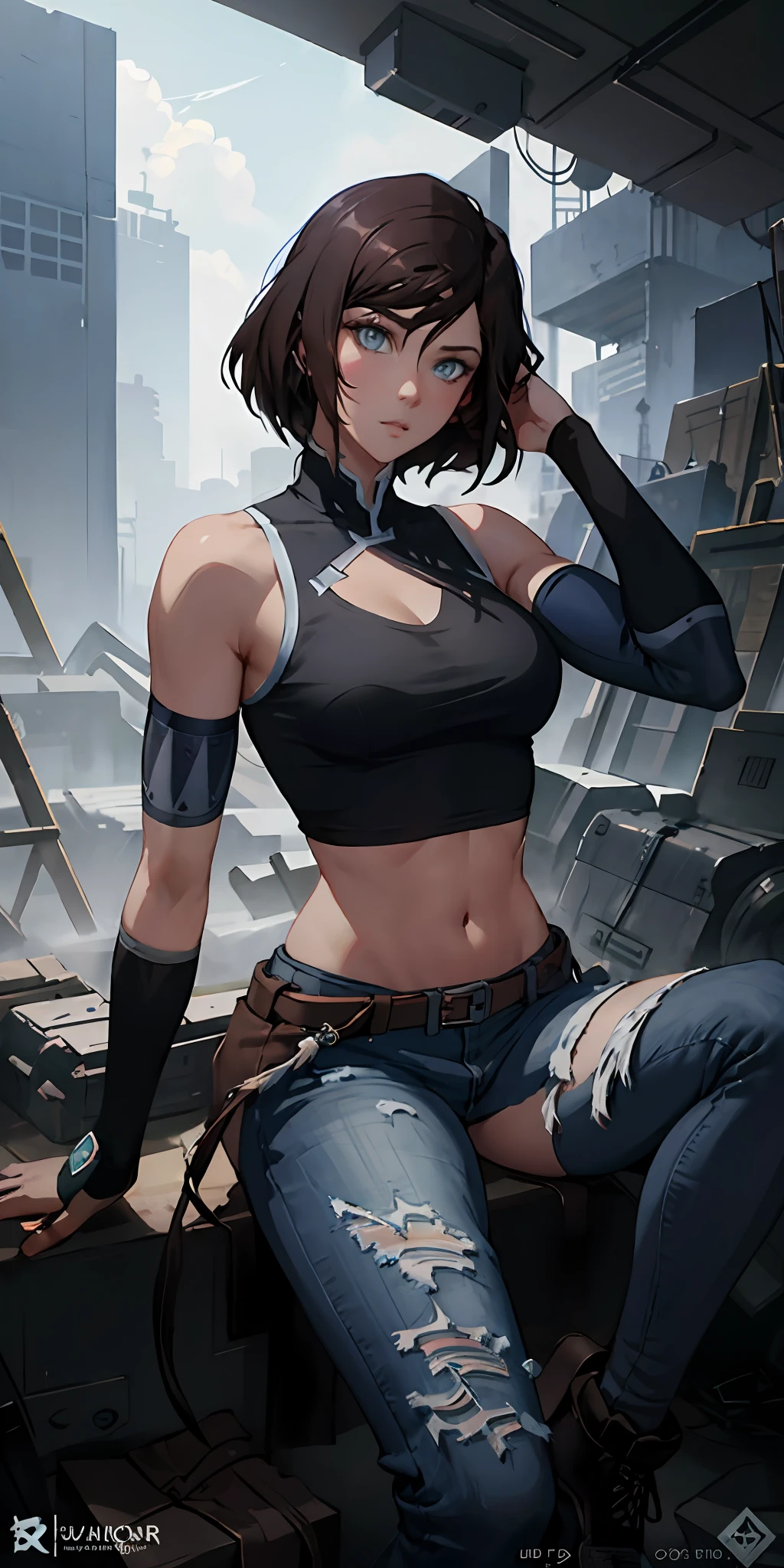 Korra, sitting on some stairs, ripped jeans, tank top, ((pulls up her shirt)) , slightly muscular, Beautiful anime waifu style girl, hyperdetailed painting, luminism, art by Carne Griffiths and Wadim Kashin concept art,  post-apocalyptic background, abstract beauty, approaching perfection, pure form, golden ratio, minimalistic, dark atmosphere, unfinished, concept art, intricate details, 8k post production, high resolution, hyperdetailed, trending on artstation, sharp focus, studio photo, intricate details, highly detailed, by Jon Bauer