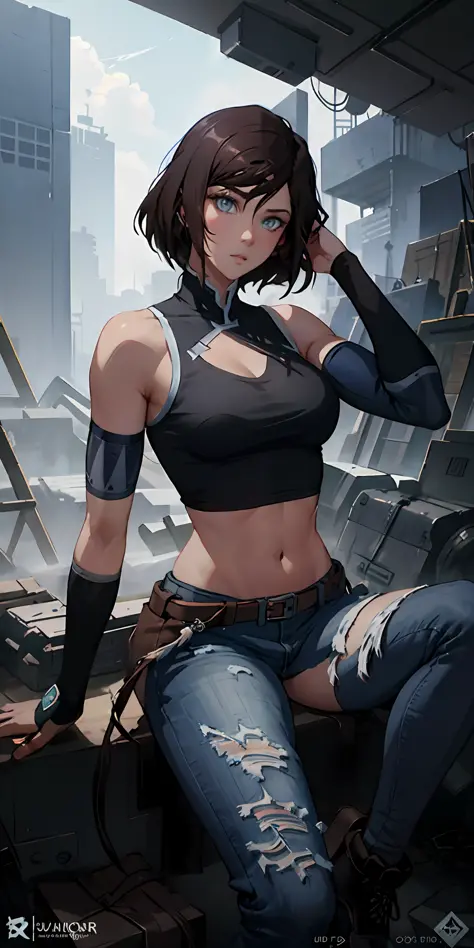 Korra, sitting on some stairs, ripped jeans, tank top, ((pulls up her shirt)) , slightly muscular, Beautiful anime waifu style g...