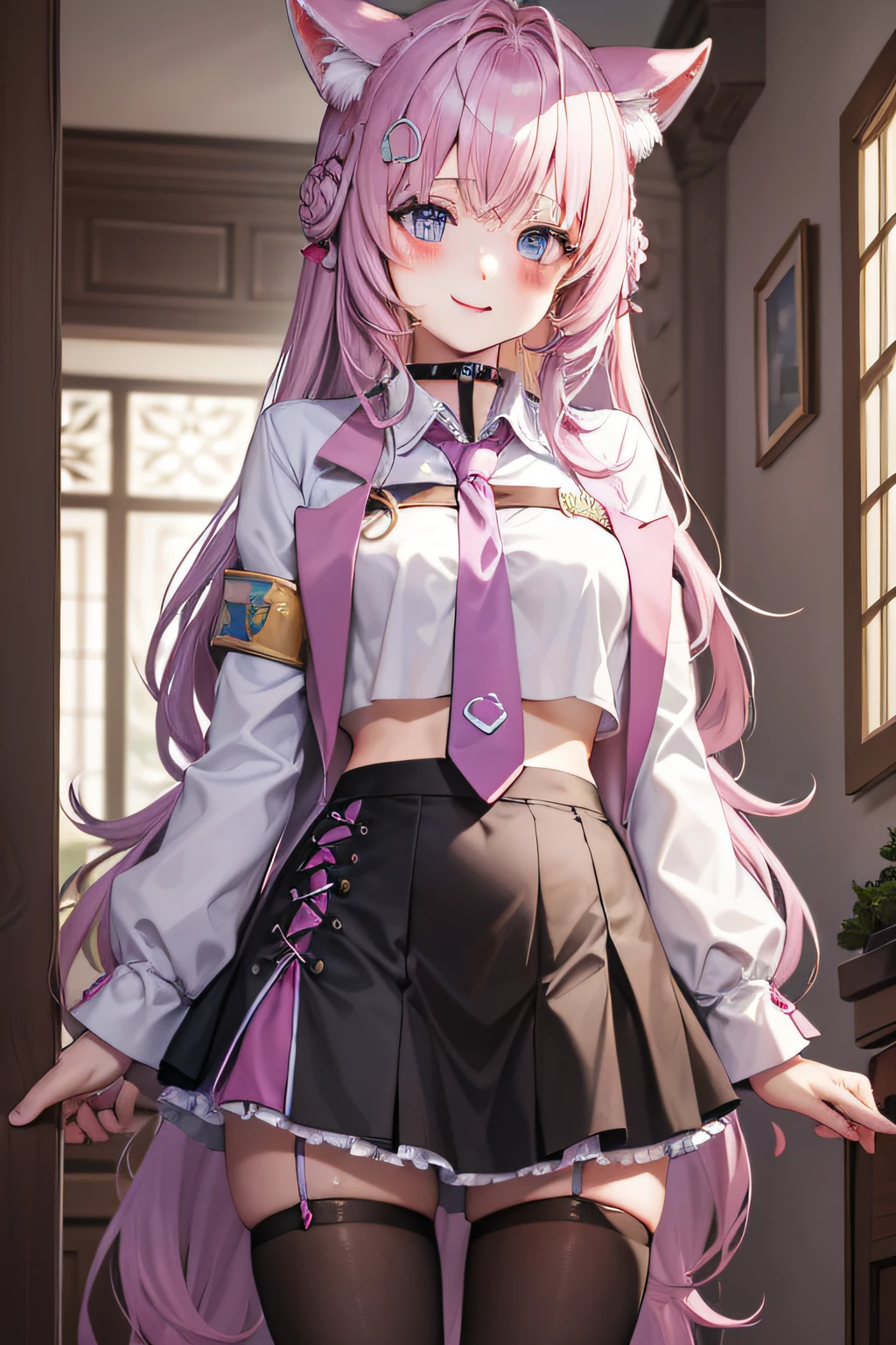 The Masterpiece,best qualiy,Hi-Res,standing a,DEF1,lora:Koyori-000015:1,pink tie,tights,hairornaments,Lilac eyes,One-sided braid,Sorrisos