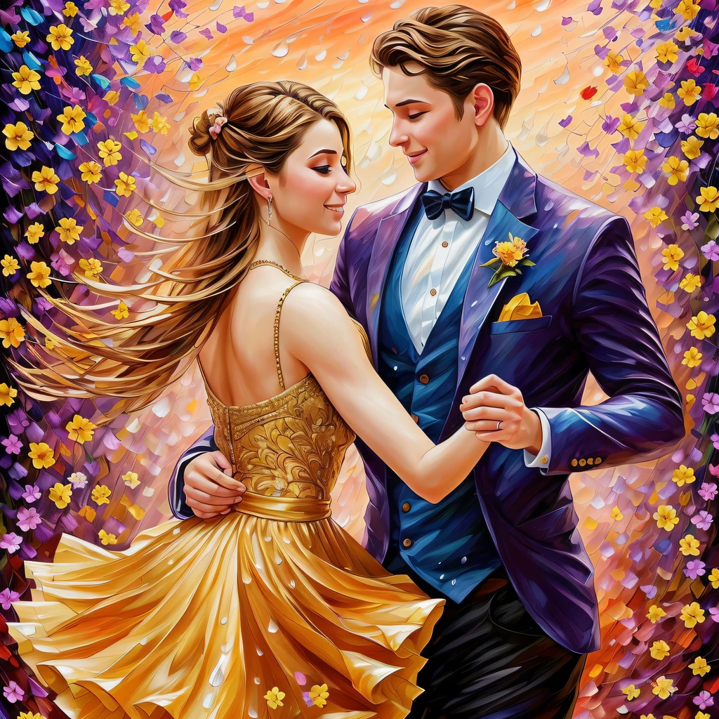 日出時在木星上跳舞的年輕夫婦, 8K, 複雜的細節, 超詳細的, 鮮豔的色彩, 背景落下褪色的金花瓣雨, 專業照片, 列昂尼德·阿夫雷莫夫的藝術作品,(阿格姆的藝術)