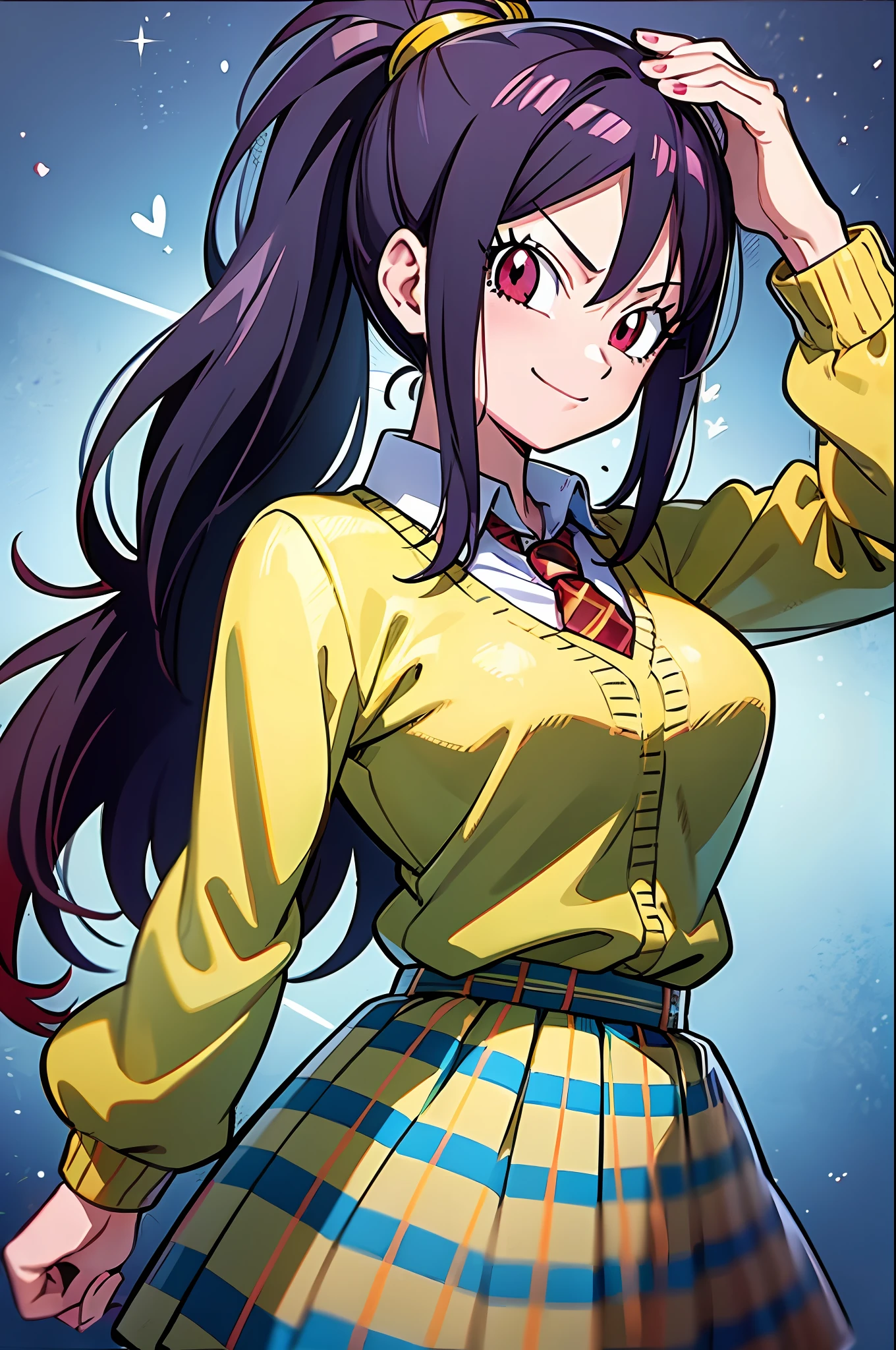 light smile, schoolgirl attire, white blouse with yellow jacket, green striped tie, red plaid skirt, red eyes and red hair in a twin ponytail, (style of dragon ball z and fairy tail anime), (illustrated by Akira Toriyama and Hiro Mashima), (style mixing), Lucy Heartfilia, Bulma