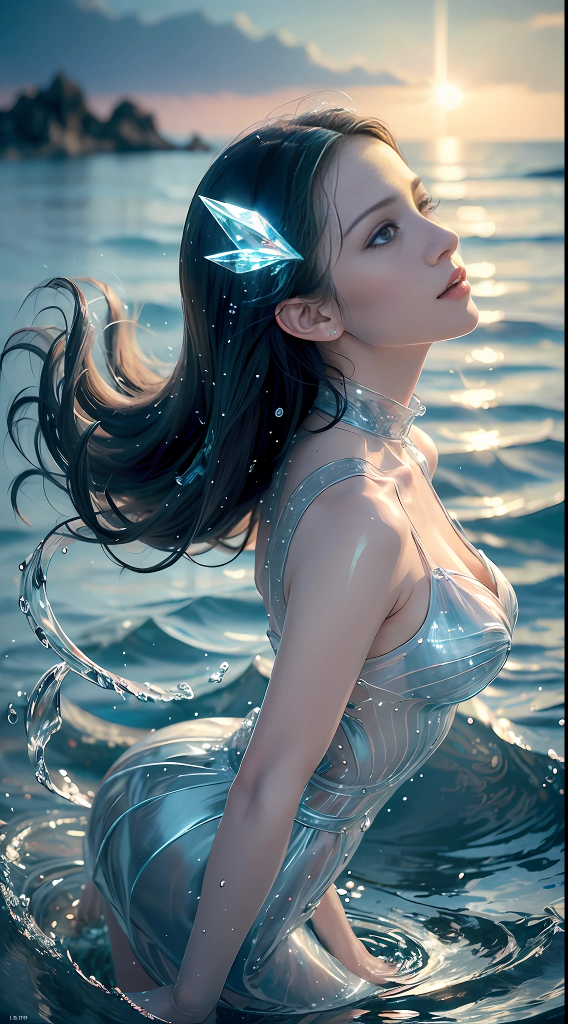 (Masterpiece, Top Quality, Best, Official Art, Beautiful and Aesthetic, Long Exposure: 1.2), Smooth Movement, Fascinating Patterns, 1 Girl, Adult Russian Woman, Freckles, Jade Eyes, Black Lob Hair, Portrait, Solo , upper body, gaze at observer, detailed background, detailed face, (crystallineAI, crystalline theme:1.1), elemental water sprite, spinning water, controlling water, fantasy magician clothes, dynamic pose, floating particles, ethereal dynamics, water , steam, ocean in the background, blue tones, coast, ethereal atmosphere,