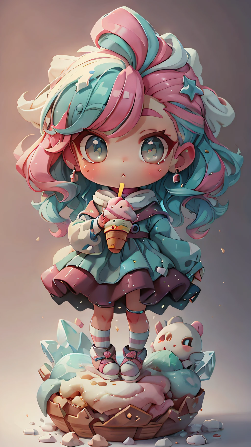 plastican00d， 1girls， Chibi T-Shi， Colored hair， Luxury fabrics， dithering， Ice cream texture，Profound， looks at the viewer， Striped background