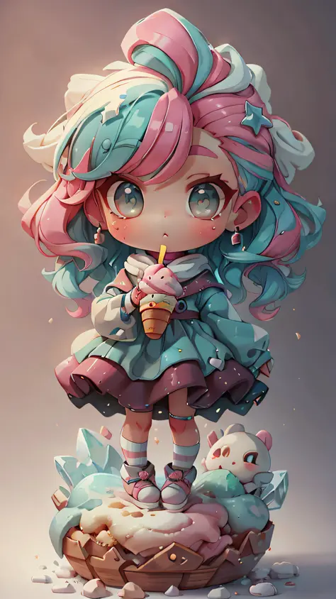 plastican00d， 1girls， Chibi T-Shi， Colored hair， Luxury fabrics， dithering， Ice cream texture，Profound， looks at the viewer， Str...