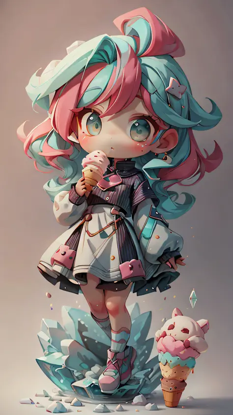 plastican00d， 1girls， Chibi T-Shi， Colored hair， Luxury fabrics， dithering， Ice cream texture，Profound， looks at the viewer， Striped background