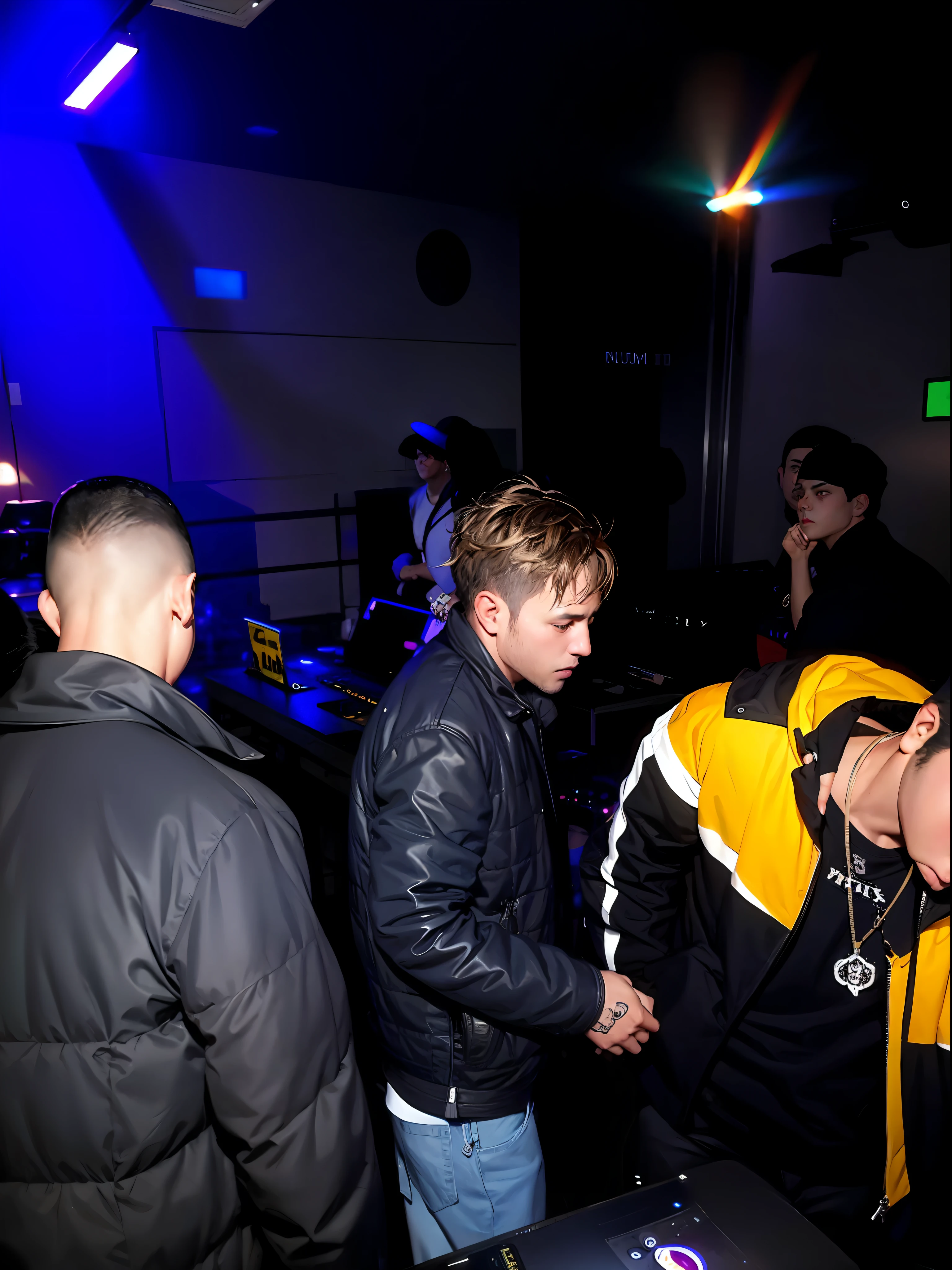 Several people standing around a dj table in a dark room - SeaArt AI