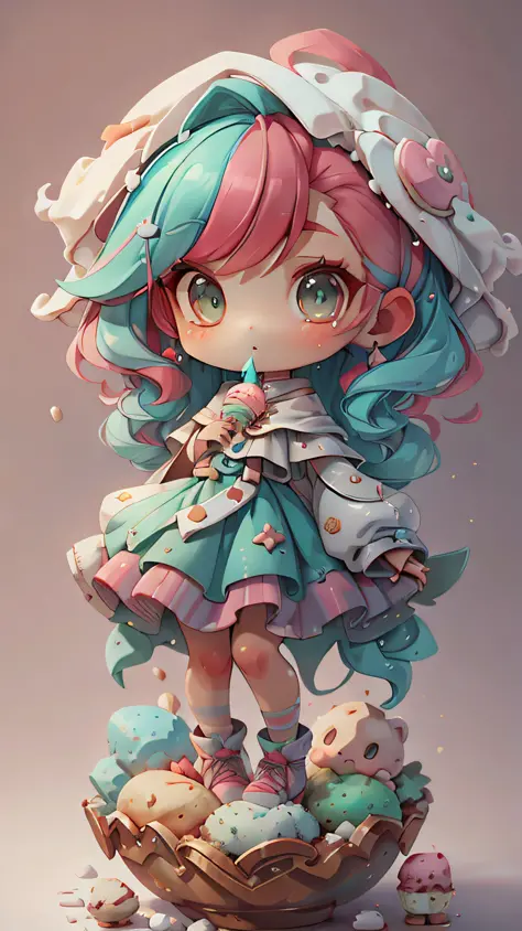 plastican00d， 1girls， Chibi T-Shi， Colored hair， Luxury fabrics， dithering， Ice cream texture，Profound， looks at the viewer， Str...