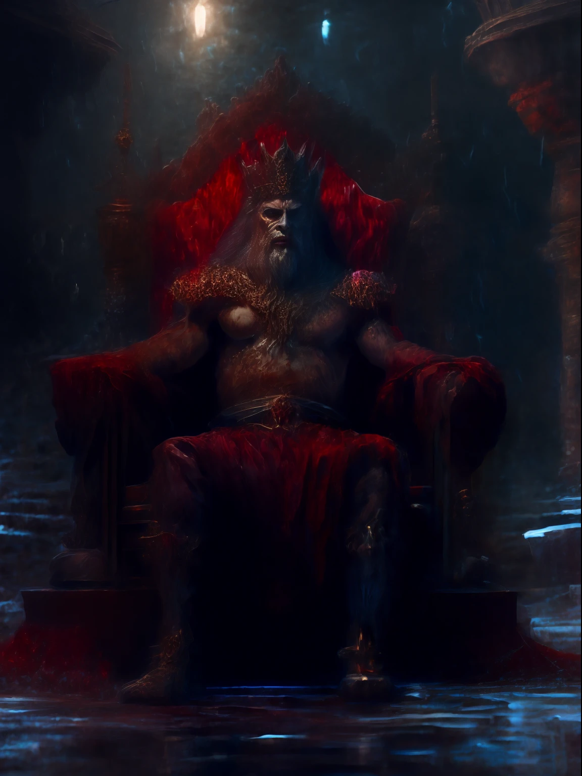 an old werewolf king sitting on the throne in the heart of Glas city, the throne is a very wet place full of puddles and leaks, majestuoso, intimidante, Armadura ornamentada, Corona Real, fondo borroso, natural lighting, Por el corte de las colecciones, mirando al espectador, con ((dos panteras con ojos rojos, muy brillantes, sentadas a ambos lados del trono)), hiperreal, tension, cold, Altamente detallado, Sharp focus, profesional, 8k UHD, cinematic, oscuro, violento , 8K altamente detallado