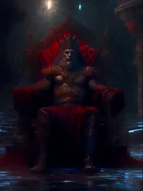 an old werewolf king sitting on the throne in the heart of Glas city, the throne is a very wet place full of puddles and leaks, ...