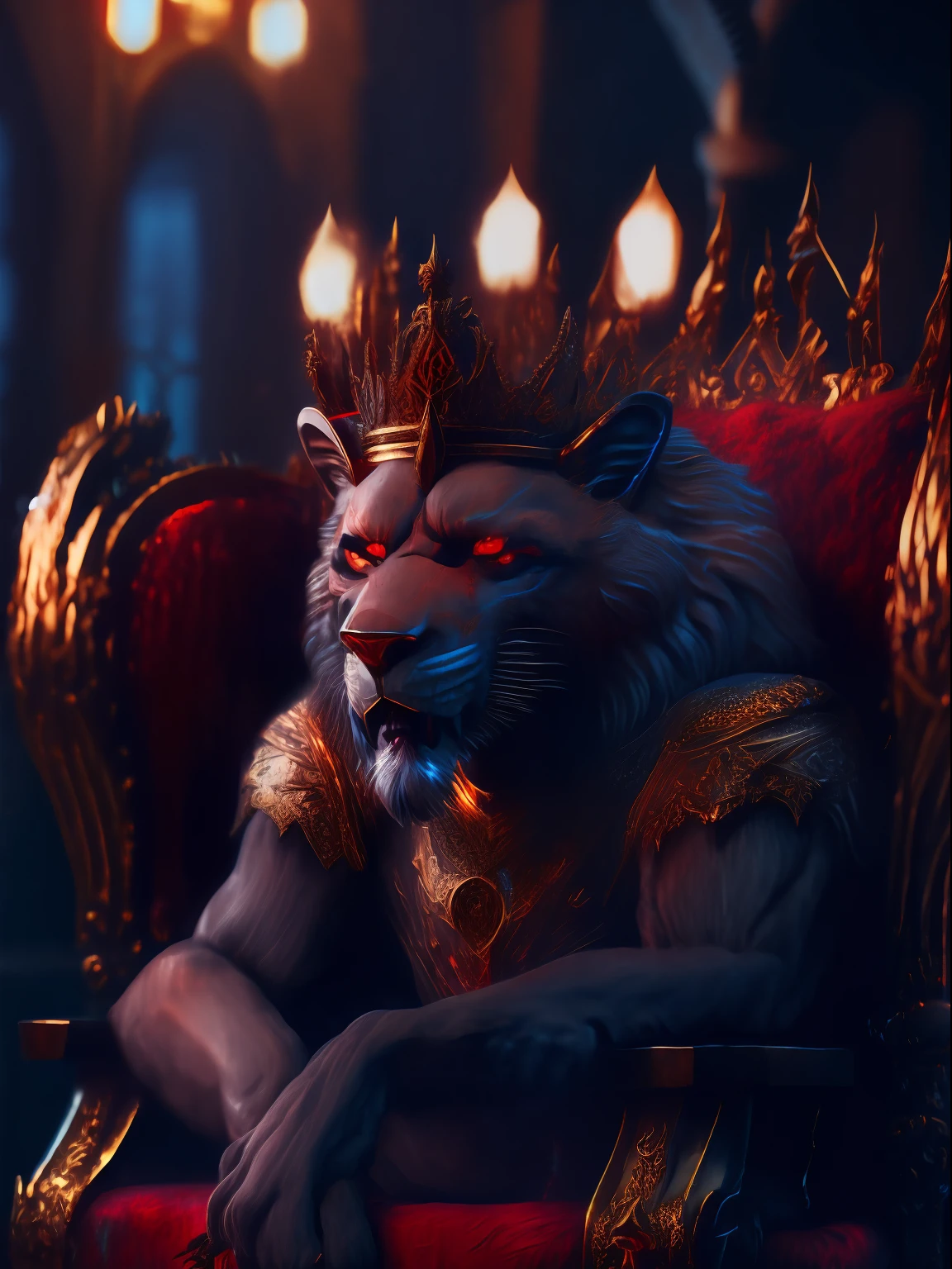 an old werewolf king sitting on the throne, ((two panthers with red, very glowing eyes, sitting on either side of the throne)), hyper real, tension, cold, Highly Detailed, Sharp Focus, professional, 8k UHD, in the heart of the city of Glas, The Throne is a very wet place full of puddles and leaks, majestic, intimidating, Ornate Armor, Royal Crown, blurred background, Daylighting, looking at viewer, cinematic, dark, violent, highly detailed 8K