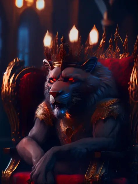 an old werewolf king sitting on the throne, ((two panthers with red, very glowing eyes, sitting on either side of the throne)), ...