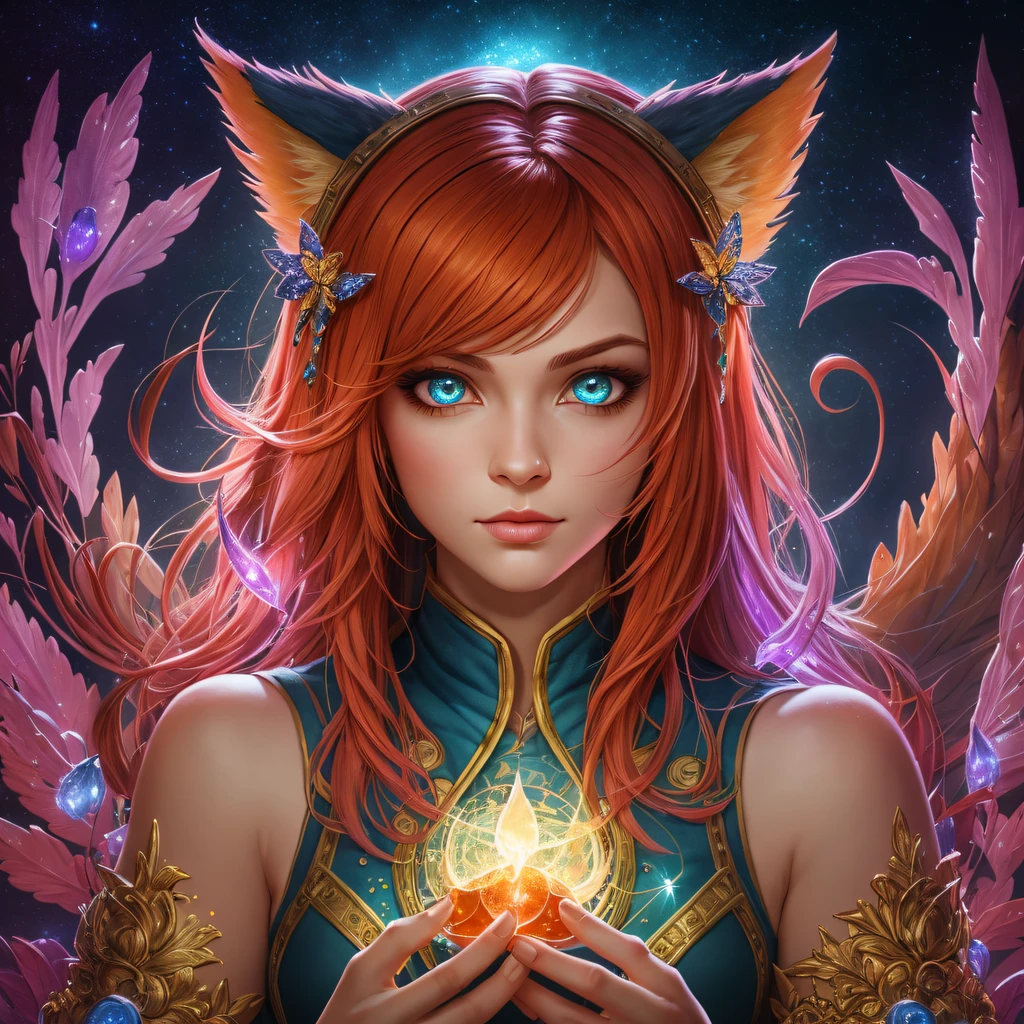 a ginger Ahri highly detailed, symmetric, luminism, dark shot, a dark night magical forest atmosphere, octane render, a fairy dust, a bioluminescence, a purity, detailed face, greg rutkowski, lois van baarle, alphonse mucha, night, maximalism, rococo, global illumination, luminism, detailed, intricate, fractal details, hyperdetailed, a cloths soaked in a brightly shining led stardust, warm colors, intricate details, volumetric, glaring eyes,