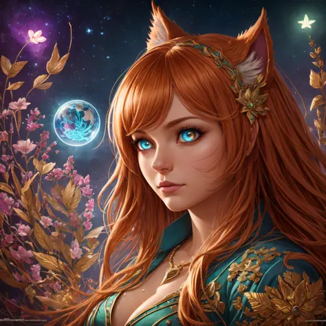 a ginger ahri highly detailed, symmetric, luminism, dark shot, a dark night magical forest atmosphere, octane render, a fairy du...