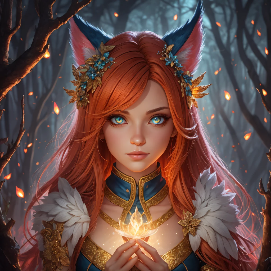 A woman with red hair and horns holding a glowing ball - SeaArt AI