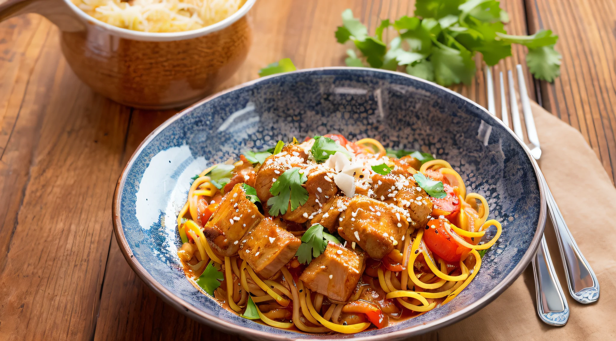 Chop suey americano picante con salsa de tomate sobre una mesa de madera