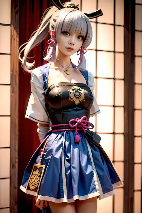 Blue kimono woman,standup，(loli face:1.1),Antique realistic photo,cosplay,(Peach blossom eyes:1.1),Ayaka Kamisato,(Realistic:1.1...