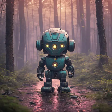 ultra professional cinematic landscape photo of a soaking wet of machine oil ultra cute chibi robot, slate atmosphere, cinematic...