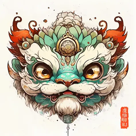 Close-up of a lion's head，There is a flower on it, high quality colored sketch, colored illustration for tattoo, highly detailed and colored, ancient china art style, third lion head, highly detailed digital artwork, highly-detailed illustration, chinese w...