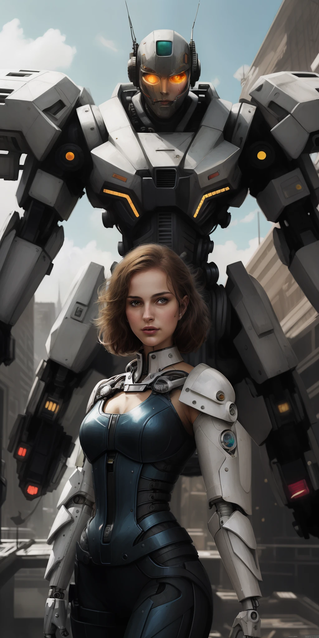 Mujer con traje de cuero de pie frente a la estatua del robot gigante, Wojtek FUS, girl in mecha cyber armor, Cyberpunk anime chica mech, Arte digital cyberpunk anime, inspirado por Marek Okon, Retrato de un mech, Retrato de una reina cyborg, Digital Cyberpunk - Arte Anime, Estilo cyberpunk hiperrealista, Retrato Hermosa Sci - FI Girl, Hermosa obra de arte digital