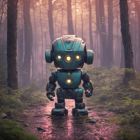 ultra professional cinematic landscape photo of a soaking wet of machine oil Ultra cute chibi robot, slate atmosphere, cinematic...