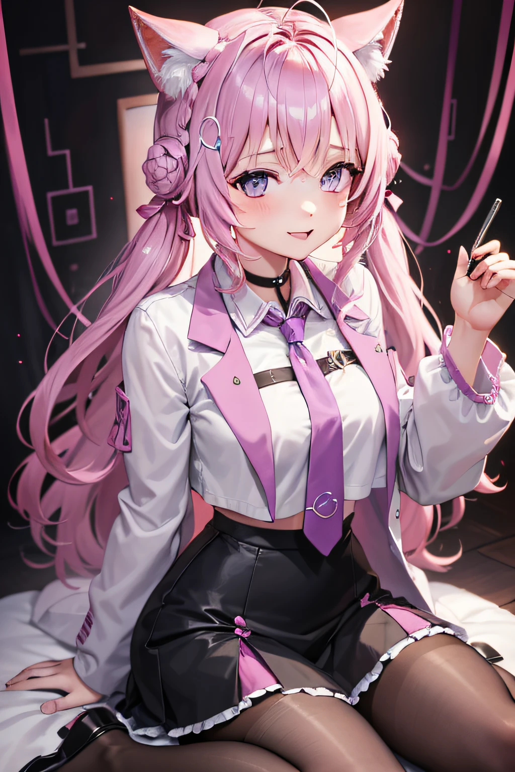 A masterpie,best qualiy,Hi-Res,sitting on,DEF1,lora:Koyori-000015:1,pink tie,tights,hairornaments,Lilac eyes,twintails,Sorrisos