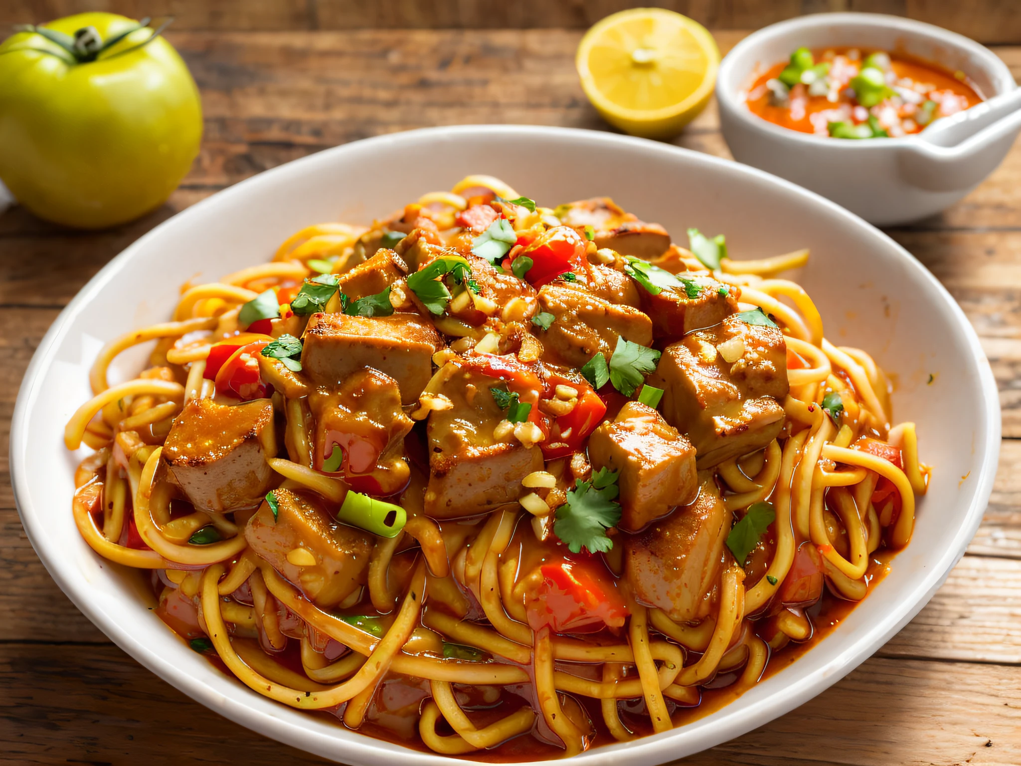 Chop suey americano picante con salsa de tomate sobre una mesa de madera