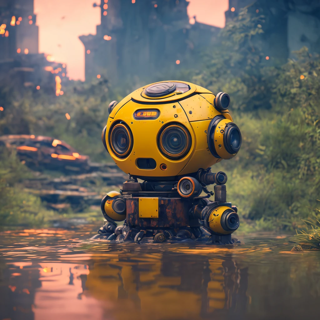 ultra professional cinematic landscape photo of a soaking wet of machine oil cute chibi robot in a pond full of oil in the middle of the abandoned ruined city, ultra maximalism, abandoned city covered by recovering vegetation after nuclear blast atmosphere, background indentation, cinematic, dimmed colors, ultra warm shot, muted colors, orange-pink-yellow colors, film grainy, lut, insane details, intricate details, hyperdetailed, postapocalyptic, twilight, ultra warm panoramic morning detailed background by Wadim Kashin,