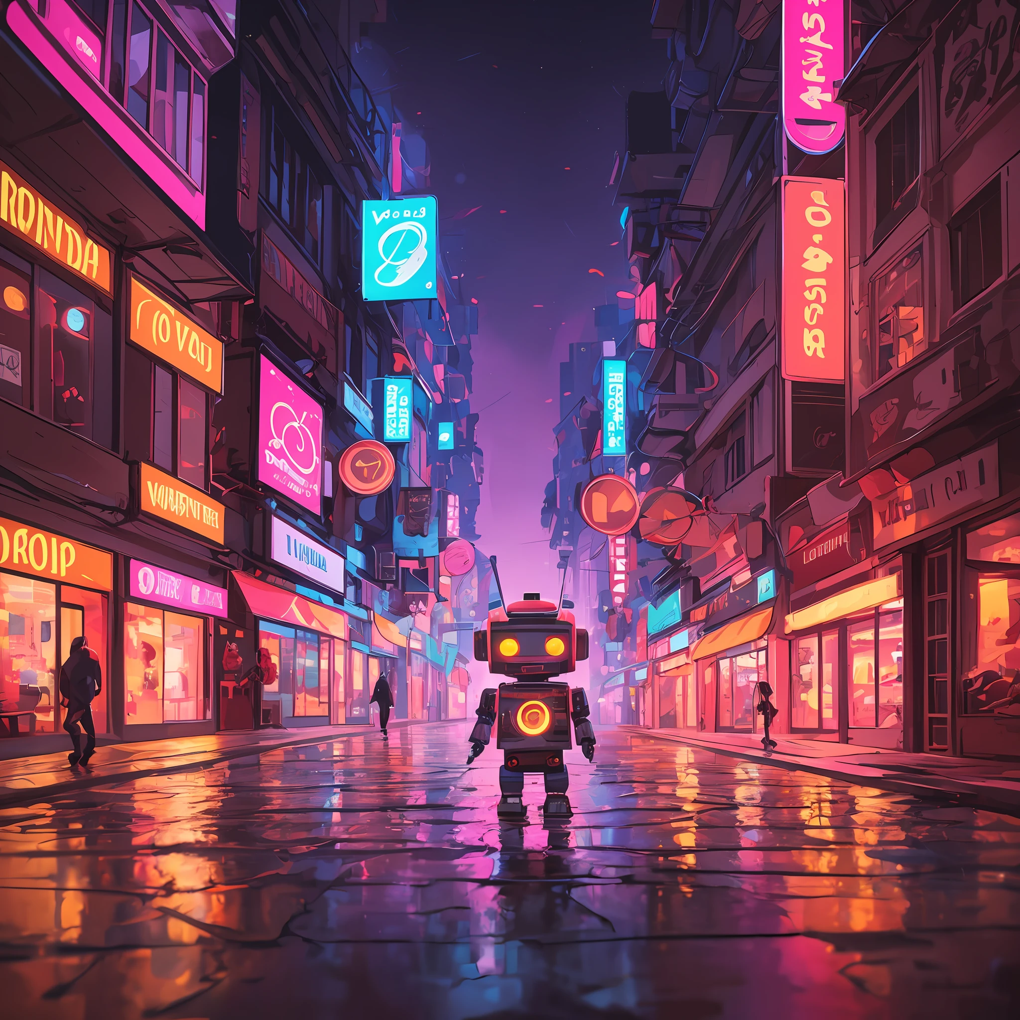 volumetric illustration of a cute chibi robot wandering in a city, minimalism romanticism, pop art, ultra high quality, very warm orange-pink-pink colors, colors by Leonid Afremov, unreal engine 5, art by Ilya Kuvshinov, art by Wadim Kashin, art by Alena Aenami,