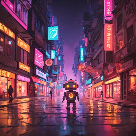 volumetric illustration of a cute chibi robot wandering in a city, minimalism romanticism, pop art, ultra high quality, very war...