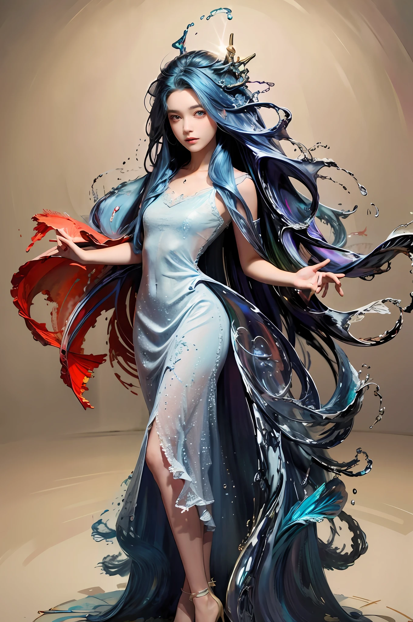 (masterpiece, best quality, high quality, highres, ultra-detailed), 1girl,solo,light_blue_hair,(liquid hair:1.2),liquid shoes,  long hair,floating hair, full body, standing,sundress, liquid clothes,water dress,  best quality, 8k, detailed skin texture,  beautiful detailed face, intricate details, ultra detailed,dancing,    skirt_tail,