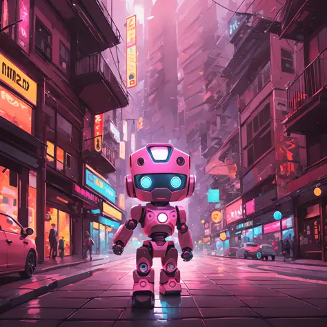 volumetric illustration of a cute chibi robot wandering in a city, minimalism romanticism, pop art, ultra high quality, very war...