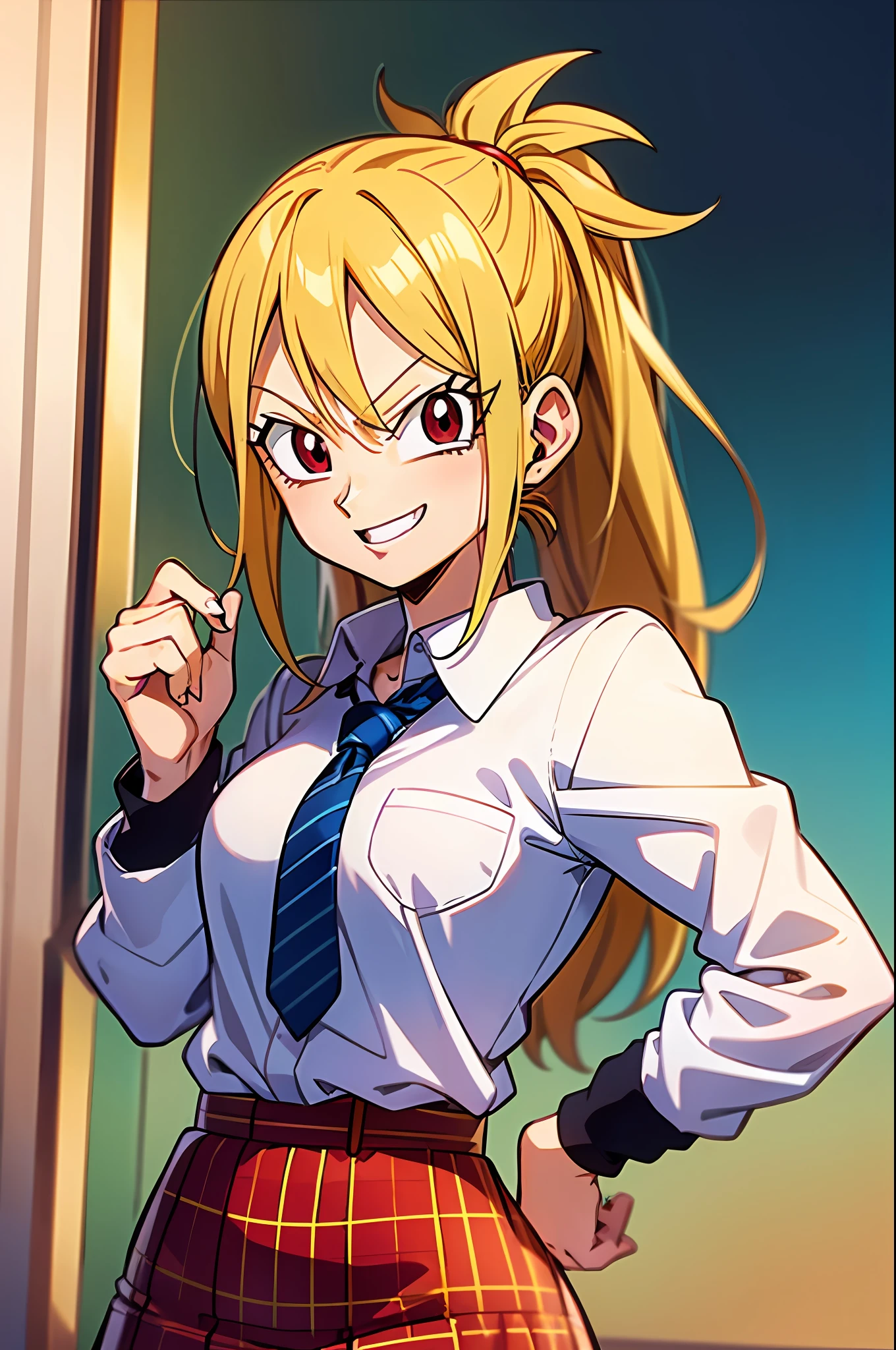 light smile, schoolgirl attire, white blouse with yellow jacket, green striped tie, red plaid skirt, red eyes and red hair in a twin ponytail, (style of dragon ball z and fairy tail anime), (illustrated by Akira Toriyama and Hiro Mashima), (style mixing), Lucy Heartfilia, Bulma