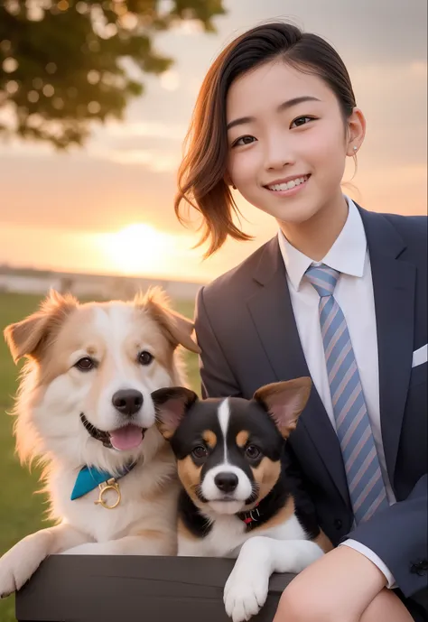 close-up photo of the face of 2 dogs, a cho and a female, happy, sunset, 80mm, f/1.8, dof, bokeh, depth of field, subsurface sca...