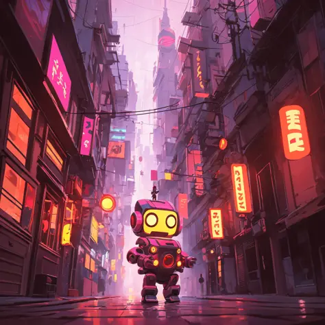 volumetric illustration of a cute chibi robot wandering in a city, minimalism romanticism, pop art, ultra high quality, very war...