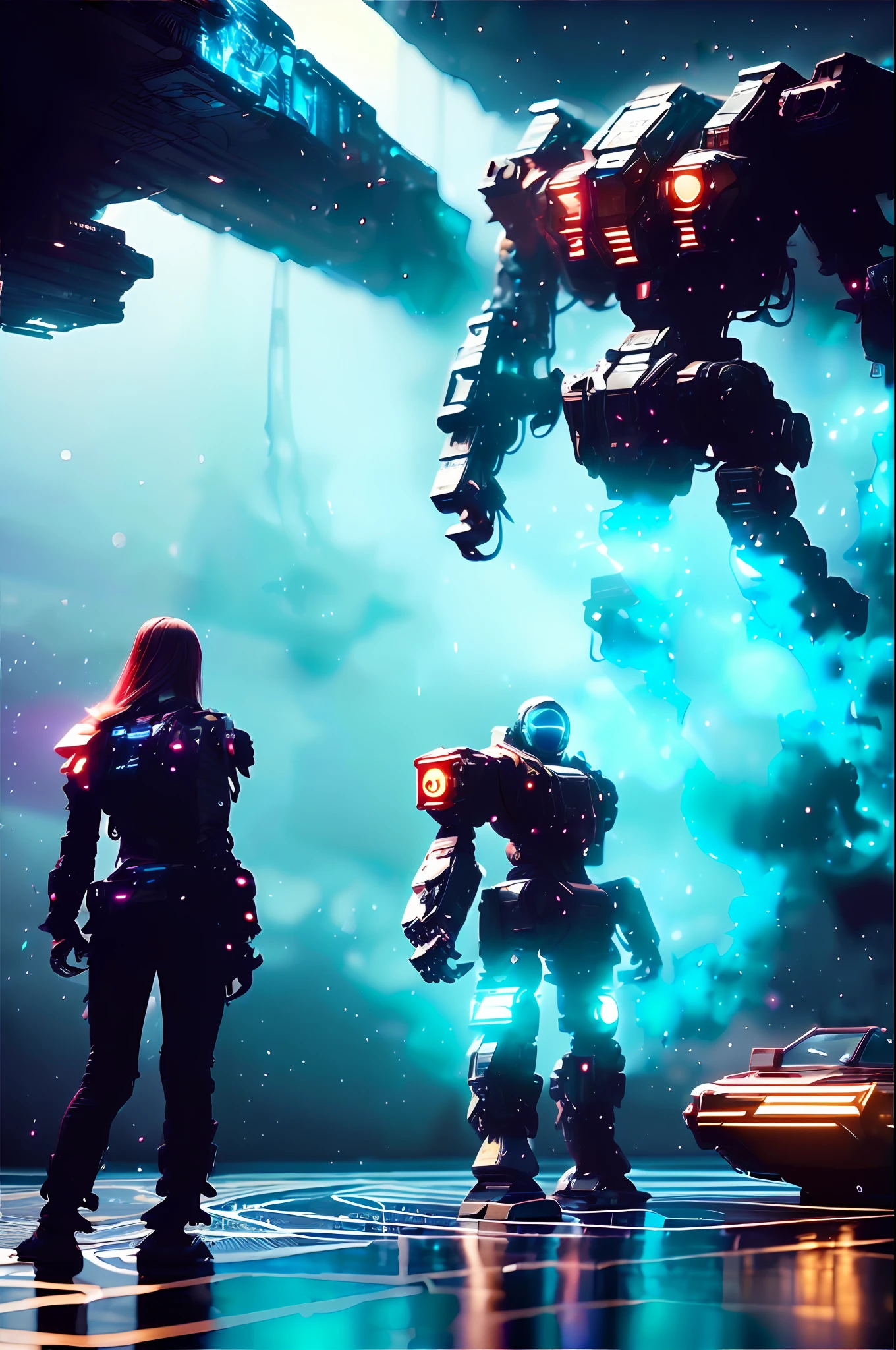 (2 women:2)，2 beauties，（（1 woman standing on the mecha face shoulder：2）），（the panorama：2），Small aperture，((Best quality)), ((masterpiece)), (Highly detailed:1.3), 3D, pretty，(Cyberpunk:1.2) ，In space，nebulae，Holding_arma，，Facing the audience，Luminous eyes，full full body，（are flying，Dive down，Dynamic：1.4），（Huge mech wings：1.6），Look up，glowing_Eyes，mechamusume，the panorama，The background is the Earth，nebulae，space，Particle，realistically，hdr（High dynamic range）、raytraced、NVIDIA RTX、The ultra-Resolution、illusory 5、sub-surface Scattering、PBR Texture、post-processed、Anisotropic filtration、deep of field、maximum definition and sharpnesulti-layer texture、Albedo and Specular maps、Surface Coloring、Accurately simulate light-material interactions、perfectly proportioned、octane rendered、Two-tone illumination、Large aperture、Low ISO、White balance、rule of thirds、8K raw data、High efficiency sub-pixels，sub-pixel convolution，