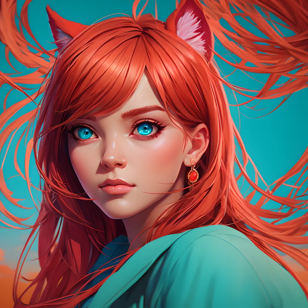 Illustration d&#39;Alena Aenami, un regard bleu éblouissant, joyeux gingembre Ahri, Minimalisme, cinématique, couleurs atténuées, couleurs chaudes cyan-rouge-rose-orange, tir chaleureux, couleurs sourdes, film granuleux, accéder, détails fous, Détails complexes, hyperdétaillé, fermer, Crépuscule, empreinte cutanée, 8k, ultra qualité, art d&#39;Ilya Kuvshinov