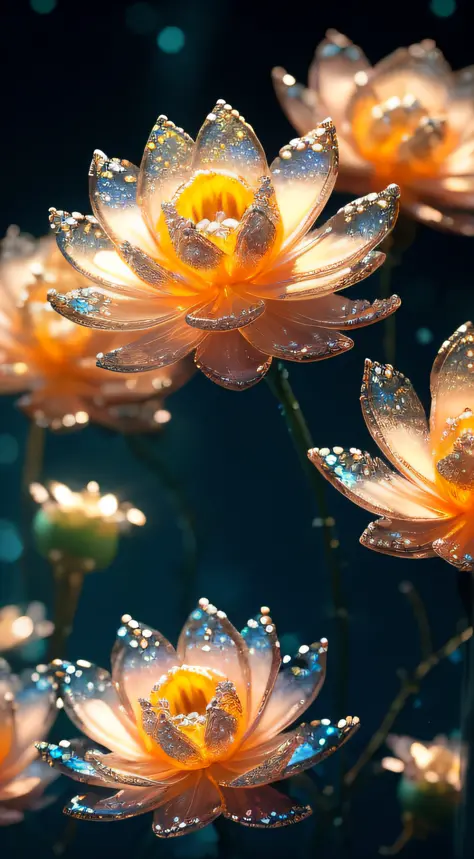 crystal lotus flowers on water, fantasy, galaxy, transparent, sparkle, sparkling, brilliant, colorful, magical photography, dramatic lighting, photo realism, ultra-detailed, 4k, depth of field, high resolution