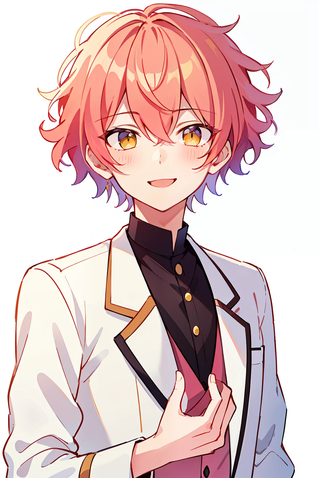 (high-quality, breathtaking),(expressive eyes, perfect face), 1boy, male, solo, short, young boy, curly peach pink hair, yellow eyes, smile, white groom suit, white background